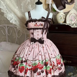 Strawberry Chocolate Lovers – Kawaii Lolita Embroidered Dress, Strawberry & Chocolate Print