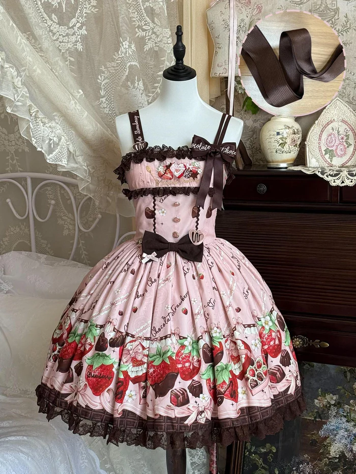 Strawberry Chocolate Lovers - Kawaii Lolita Embroidered Dress, Strawberry & Chocolate Print - Image 2