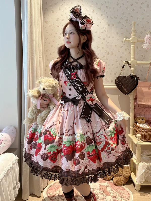 Strawberry Chocolate Lovers - Kawaii Lolita Embroidered Dress, Strawberry & Chocolate Print - Image 4