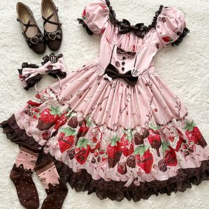 Strawberry Chocolate Lovers – Kawaii Lolita Embroidered Dress, Strawberry & Chocolate Print