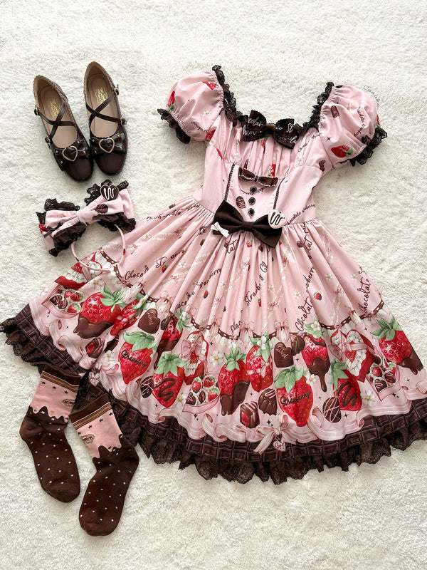 Strawberry Chocolate Lovers – Kawaii Lolita Embroidered Dress, Strawberry & Chocolate Print