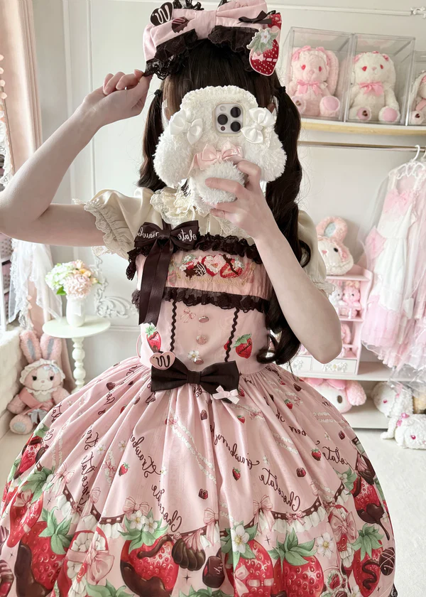 Strawberry Chocolate Lovers - Kawaii Lolita Embroidered Dress, Strawberry & Chocolate Print - Image 8