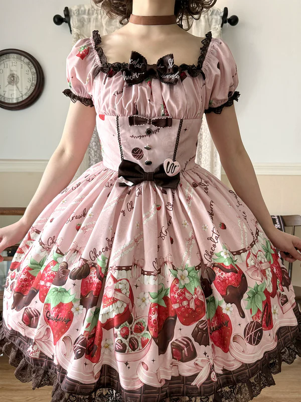 Strawberry Chocolate Lovers - Kawaii Lolita Embroidered Dress, Strawberry & Chocolate Print - Image 9