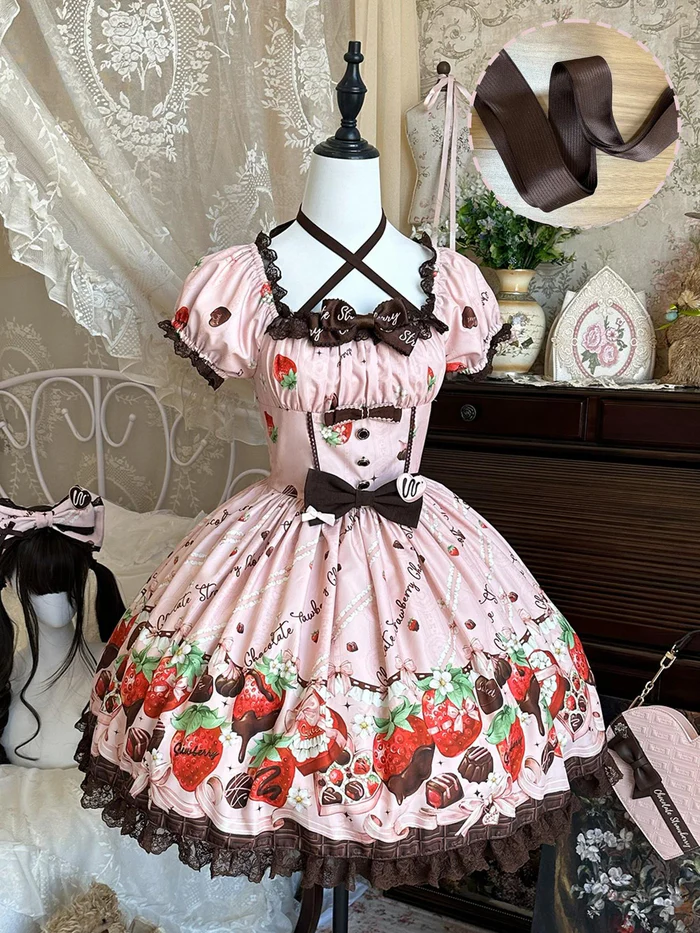 Strawberry Chocolate Lovers - Kawaii Lolita Embroidered Dress, Strawberry & Chocolate Print - Image 3